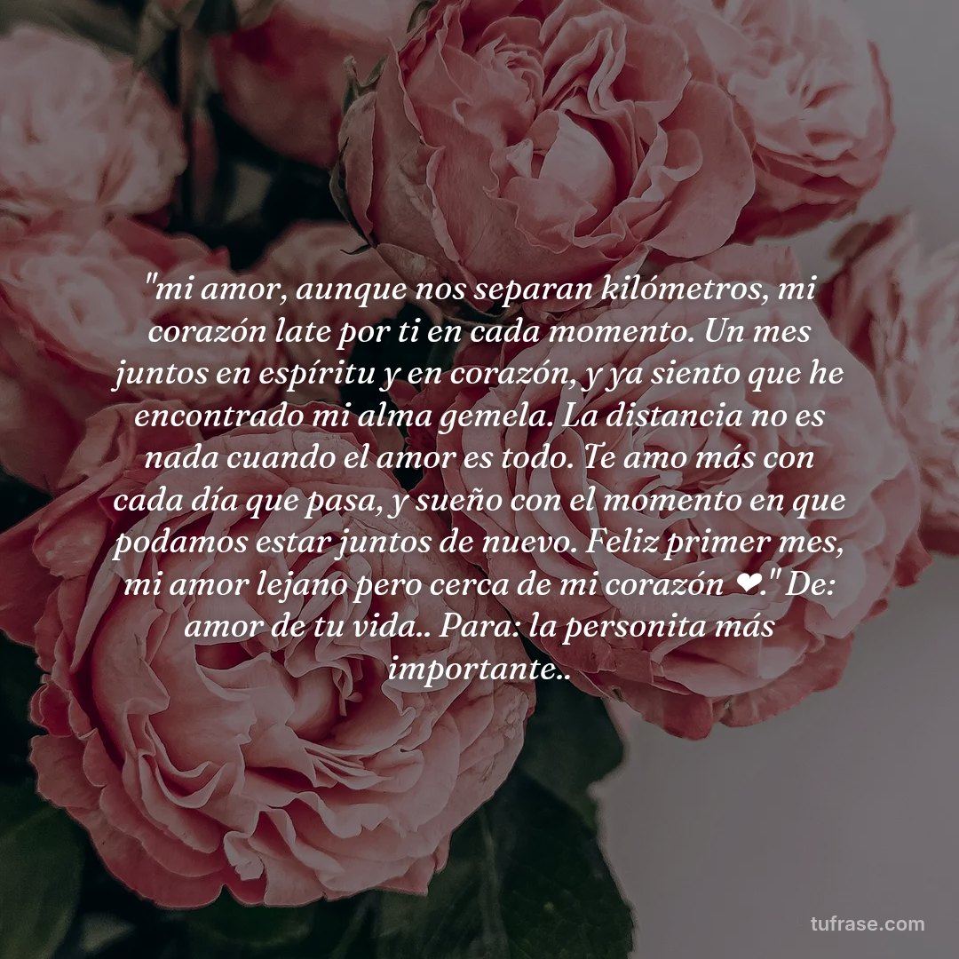 "mi amor, aunque nos separan kilómetros, mi corazón late por ti en cada momento. Un mes juntos en espíritu y en corazón, y ya siento que he encontrado mi alma gemela. La distancia no es nada cuando el amor es todo. Te amo más con cada día que pasa, y sueño con el momento en que podamos estar juntos de nuevo. Feliz primer mes, mi amor lejano pero cerca de mi corazón ❤️." De: amor de tu vida.. Para: la personita más importante..