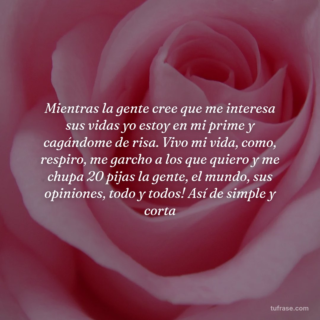 Mientras la gente cree que me interesa sus vidas yo estoy en mi prime y cagándome de risa. Vivo mi vida, como, respiro, me garcho a los que quiero y me chupa 20 pijas la gente, el mundo, sus opiniones, todo y todos! Así de simple y corta