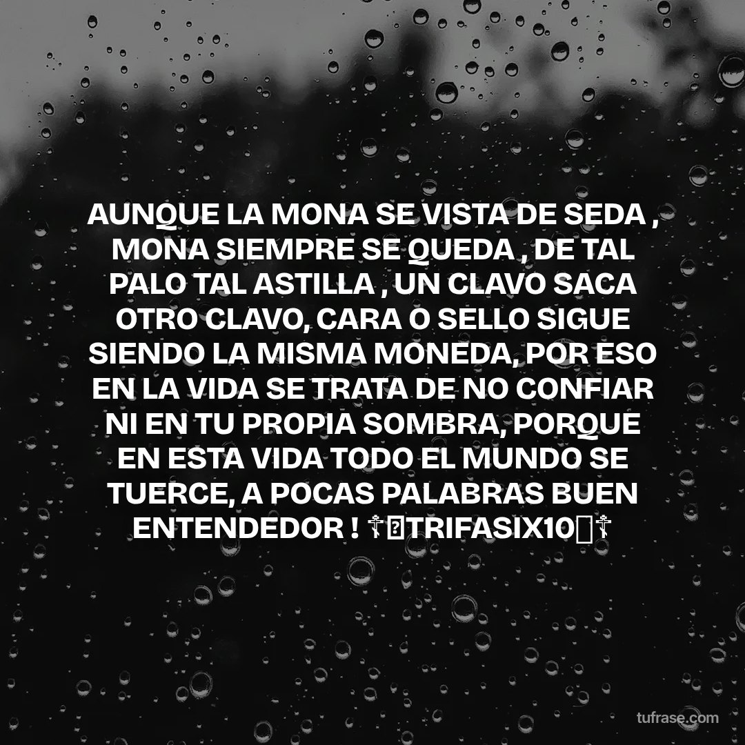 AUNQUE LA MONA SE VISTA DE SEDA , MONA SIEMPRE SE QUEDA , DE TAL PALO TAL ASTILLA , UN CLAVO SACA OTRO CLAVO, CARA O SELLO SIGUE SIENDO LA MISMA MONEDA, POR ESO EN LA VIDA SE TRATA DE NO CONFIAR NI EN TU PROPIA SOMBRA, PORQUE EN ESTA VIDA TODO EL MUNDO SE TUERCE, A POCAS PALABRAS BUEN ENTENDEDOR ! ☦️🔥TRIFASIX10🔥☦️