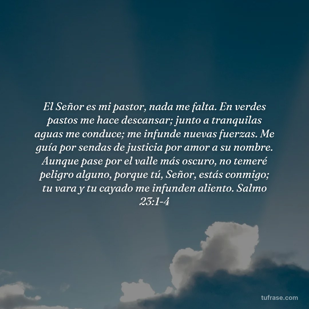 El Señor es mi pastor, nada me falta. En verdes pastos me hace descansar; junto a tranquilas aguas me conduce; me infunde nuevas fuerzas. Me guía por sendas de justicia por amor a su nombre. Aunque pase por el valle más oscuro, no temeré peligro alguno, porque tú, Señor, estás conmigo; tu vara y tu cayado me infunden aliento. Salmo 23:1-4