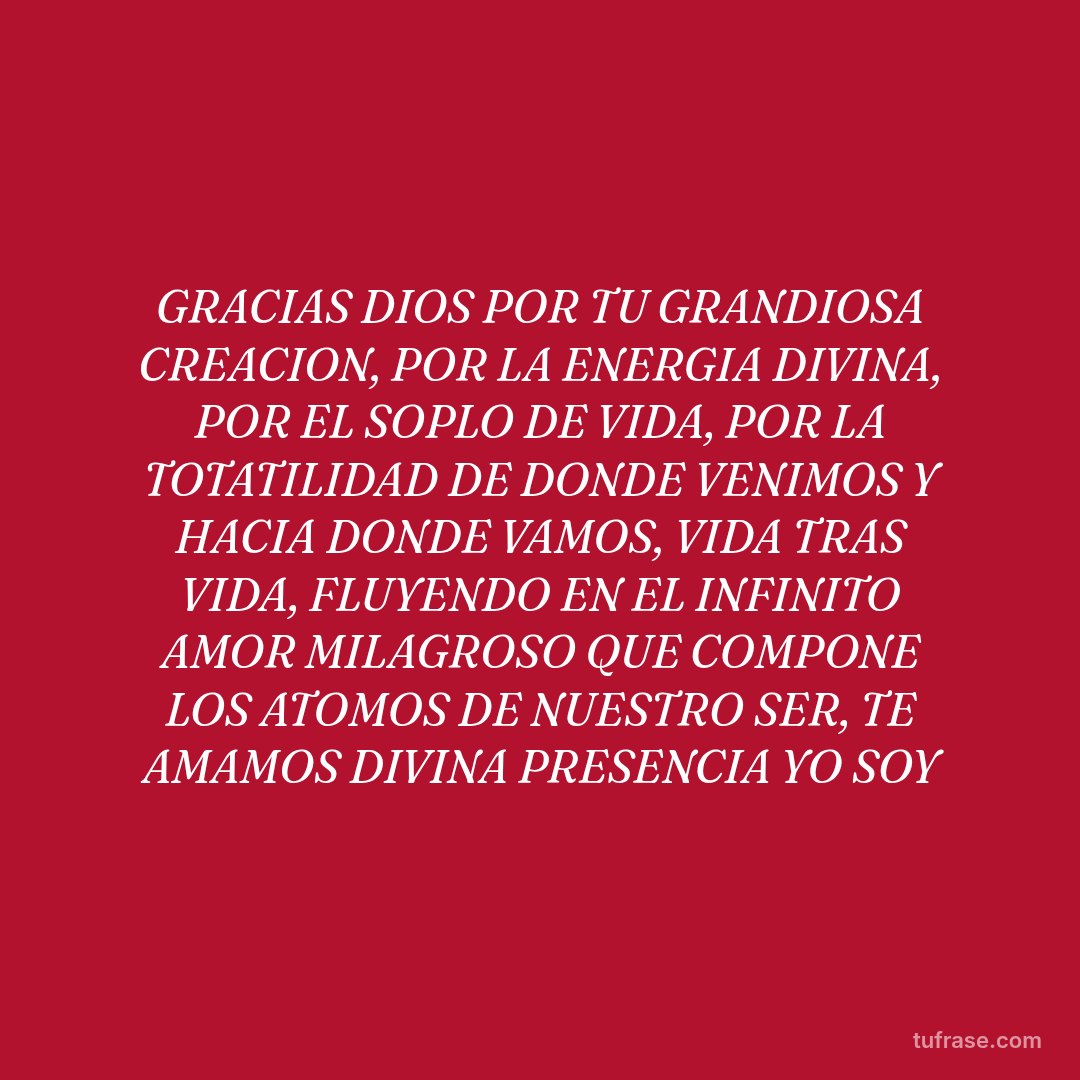 GRACIAS DIOS POR TU GRANDIOSA CREACION, POR LA ENERGIA DIVINA, POR EL SOPLO DE VIDA, POR LA TOTATILIDAD DE DONDE VENIMOS Y HACIA DONDE VAMOS, VIDA TRAS VIDA, FLUYENDO EN EL INFINITO AMOR MILAGROSO QUE COMPONE LOS ATOMOS DE NUESTRO SER, TE AMAMOS DIVINA PRESENCIA YO SOY