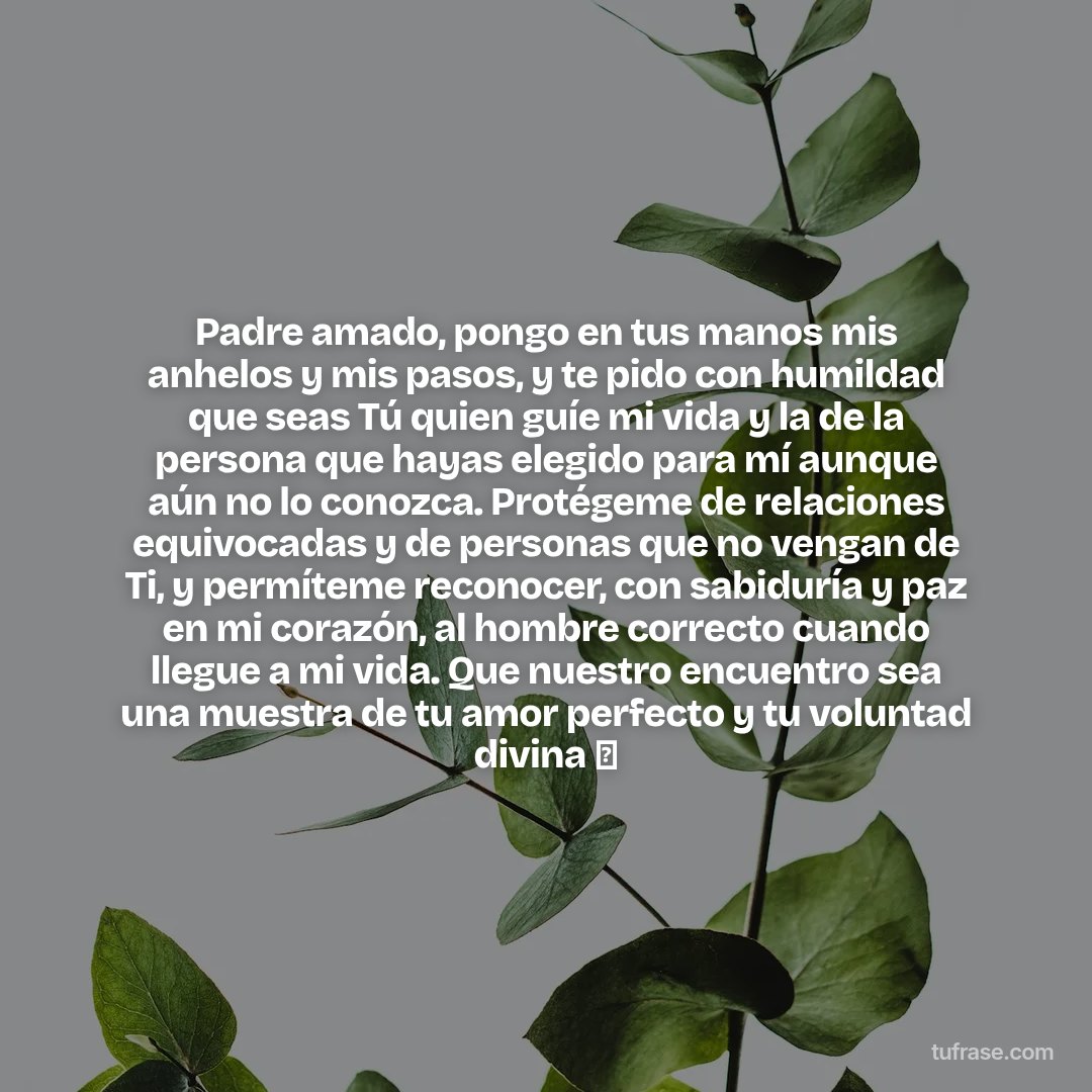 Padre amado, pongo en tus manos mis anhelos y mis pasos, y te pido con humildad que seas Tú quien guíe mi vida y la de la persona que hayas elegido para mí aunque aún no lo conozca. Protégeme de relaciones equivocadas y de personas que no vengan de Ti, y permíteme reconocer, con sabiduría y paz en mi corazón, al hombre correcto cuando llegue a mi vida. Que nuestro encuentro sea una muestra de tu amor perfecto y tu voluntad divina 🤍