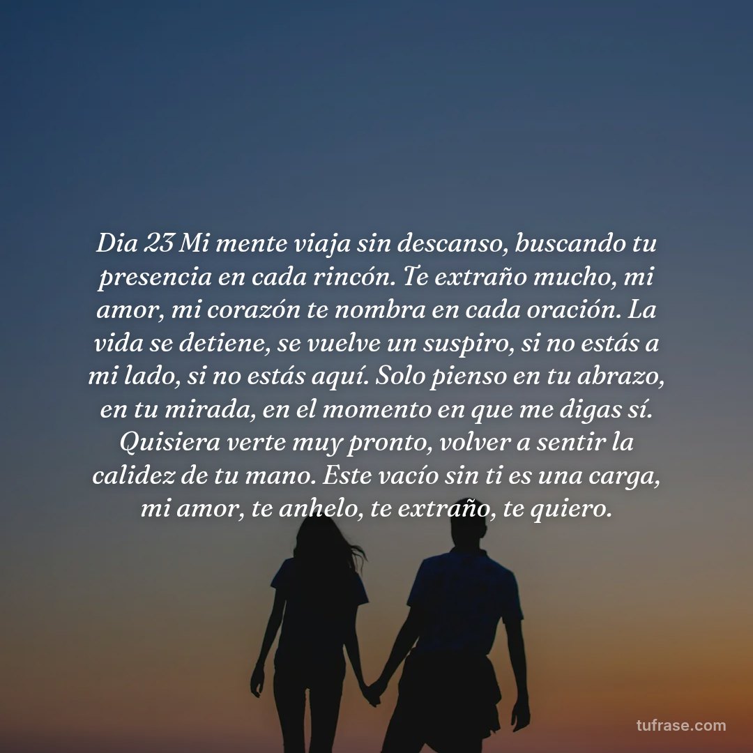 Dia 23 Mi mente viaja sin descanso, buscando tu presencia en cada rincón. Te extraño mucho, mi amor, mi corazón te nombra en cada oración. ​La vida se detiene, se vuelve un suspiro, si no estás a mi lado, si no estás aquí. Solo pienso en tu abrazo, en tu mirada, en el momento en que me digas sí. ​Quisiera verte muy pronto, volver a sentir la calidez de tu mano. Este vacío sin ti es una carga, mi amor, te anhelo, te extraño, te quiero.