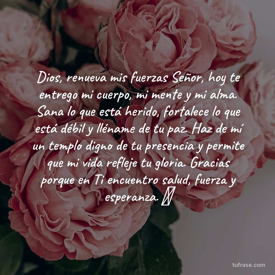 Dios, renueva mis fuerzas Señor, hoy te entrego mi cuerpo, mi mente y mi alma. Sana lo que está herido, fortalece lo que está débil y lléname de tu paz. Haz de mí un templo digno de tu presencia y permite que mi vida refleje tu gloria. Gracias porque en Ti encuentro salud, fuerza y esperanza. 💖