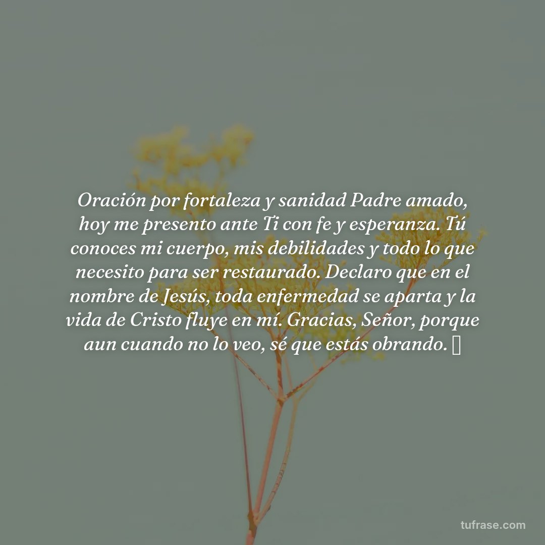 Oración por fortaleza y sanidad Padre amado, hoy me presento ante Ti con fe y esperanza. Tú conoces mi cuerpo, mis debilidades y todo lo que necesito para ser restaurado. Declaro que en el nombre de Jesús, toda enfermedad se aparta y la vida de Cristo fluye en mí. Gracias, Señor, porque aun cuando no lo veo, sé que estás obrando. 🙏