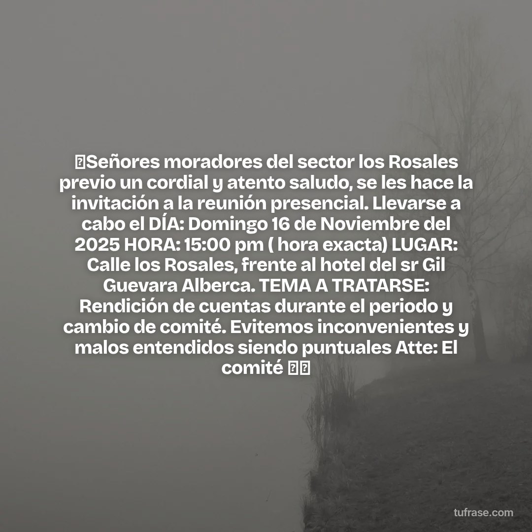 🚨Señores moradores del sector los Rosales previo un cordial y atento saludo, se les hace la invitación a la reunión presencial. Llevarse a cabo el DÍA: Domingo 16 de Noviembre del 2025 HORA: 15:00 pm ( hora exacta) LUGAR: Calle los Rosales, frente al hotel del sr Gil Guevara Alberca. TEMA A TRATARSE: Rendición de cuentas durante el periodo y cambio de comité. Evitemos inconvenientes y malos entendidos siendo puntuales Atte: El comité 🤝💪