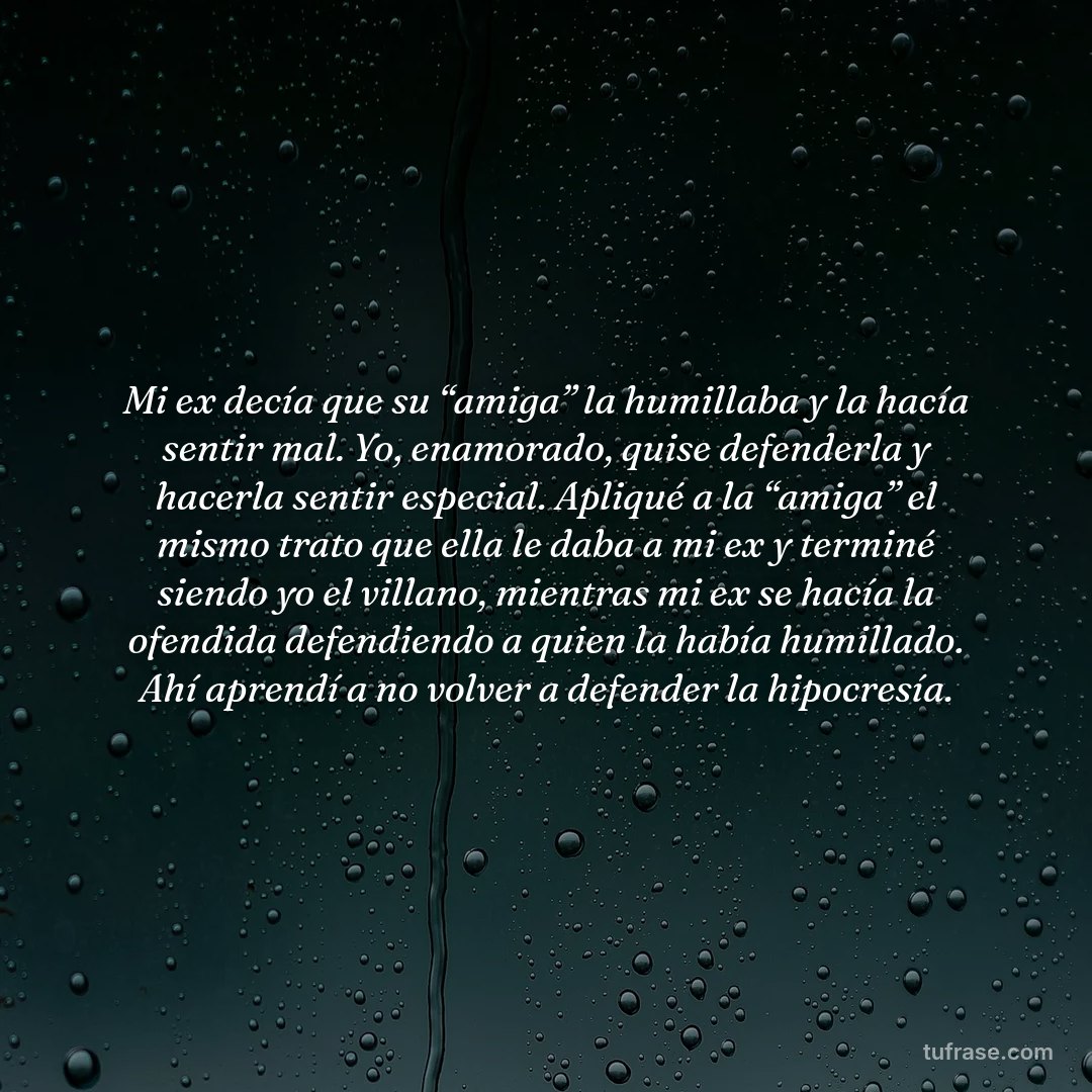 Mi ex decía que su “amiga” la humillaba y la hacía sentir mal. Yo, enamorado, quise defenderla y hacerla sentir especial. Apliqué a la “amiga” el mismo trato que ella le daba a mi ex y terminé siendo yo el villano, mientras mi ex se hacía la ofendida defendiendo a quien la había humillado. Ahí aprendí a no volver a defender la hipocresía.