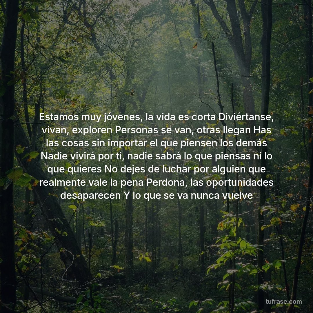 Estamos muy jóvenes, la vida es corta Diviértanse, vivan, exploren Personas se van, otras llegan Has las cosas sin importar el que piensen los demás Nadie vivirá por ti, nadie sabrá lo que piensas ni lo que quieres No dejes de luchar por alguien que realmente vale la pena Perdona, las oportunidades desaparecen Y lo que se va nunca vuelve