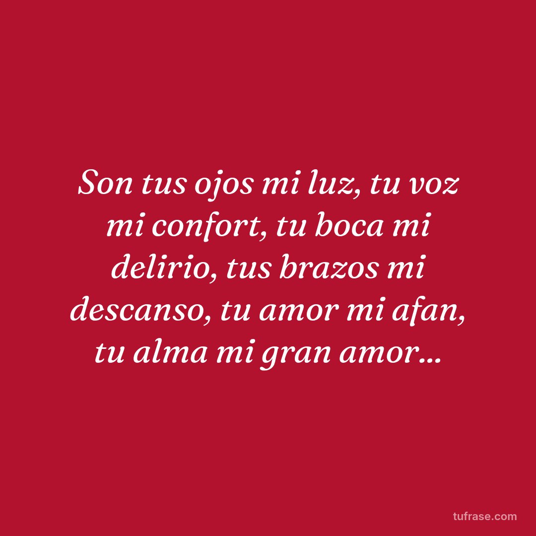 Son tus ojos mi luz, tu voz mi confort, tu boca mi delirio, tus brazos mi descanso, tu amor mi afan, tu alma mi gran amor...