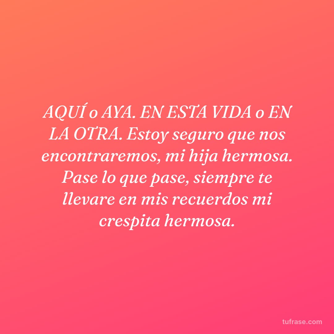 AQUÍ o AYA. EN ESTA VIDA o EN LA OTRA. Estoy seguro que nos encontraremos, mi hija hermosa. Pase lo que pase, siempre te llevare en mis recuerdos mi crespita hermosa.