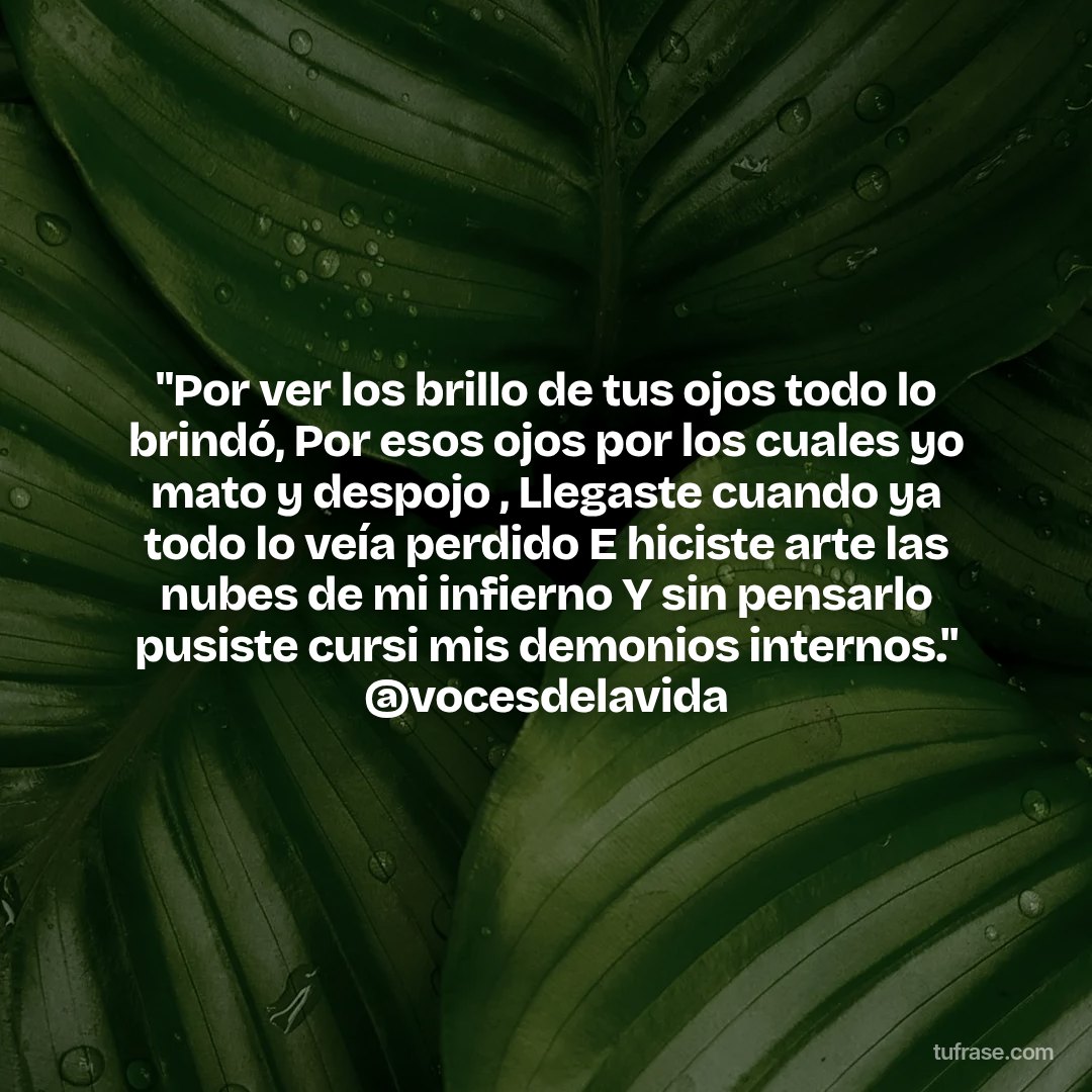 "Por ver los brillo de tus ojos todo lo brindó, Por esos ojos por los cuales yo mato y despojo , Llegaste cuando ya todo lo veía perdido E hiciste arte las nubes de mi infierno Y sin pensarlo pusiste cursi mis demonios internos." @vocesdelavida
