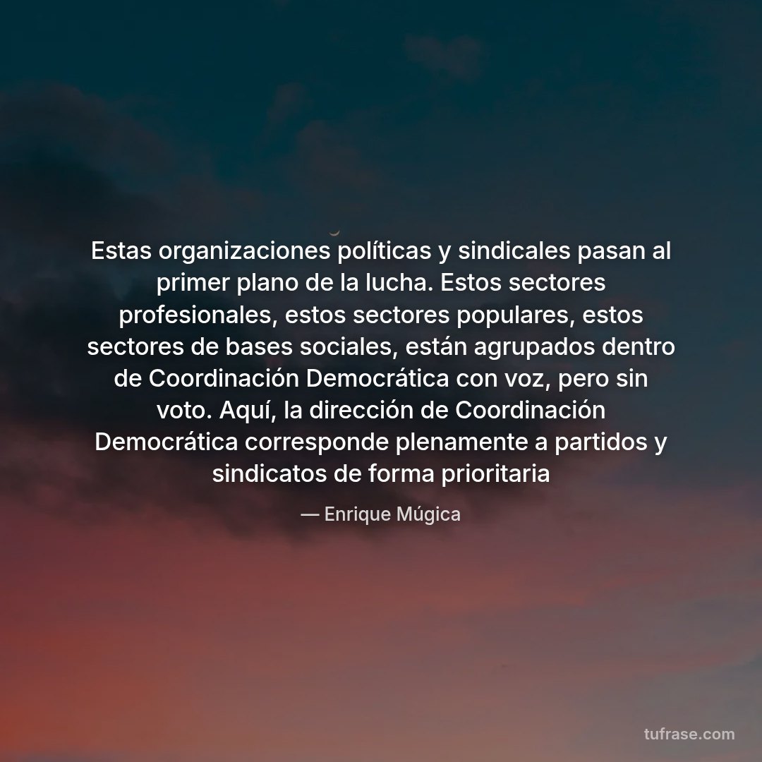 Estas organizaciones políticas y sindicales pasan al primer plano de la lucha. Estos sectores profesionales, estos sectores populares, estos sectores de bases sociales, están agrupados dentro de Coordinación Democrática con voz, pero sin voto. Aquí, la dirección de Coordinación Democrática corresponde plenamente a partidos y sindicatos de forma prioritaria