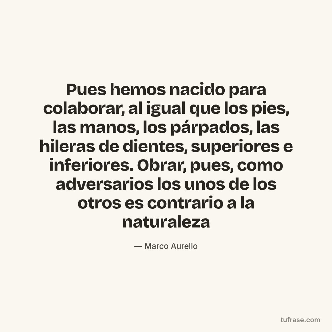 Pues hemos nacido para colaborar, al igual que los pies, las manos, los párpados, las hileras de dientes, superiores e inferiores. Obrar, pues, como adversarios los unos de los otros es contrario a la naturaleza