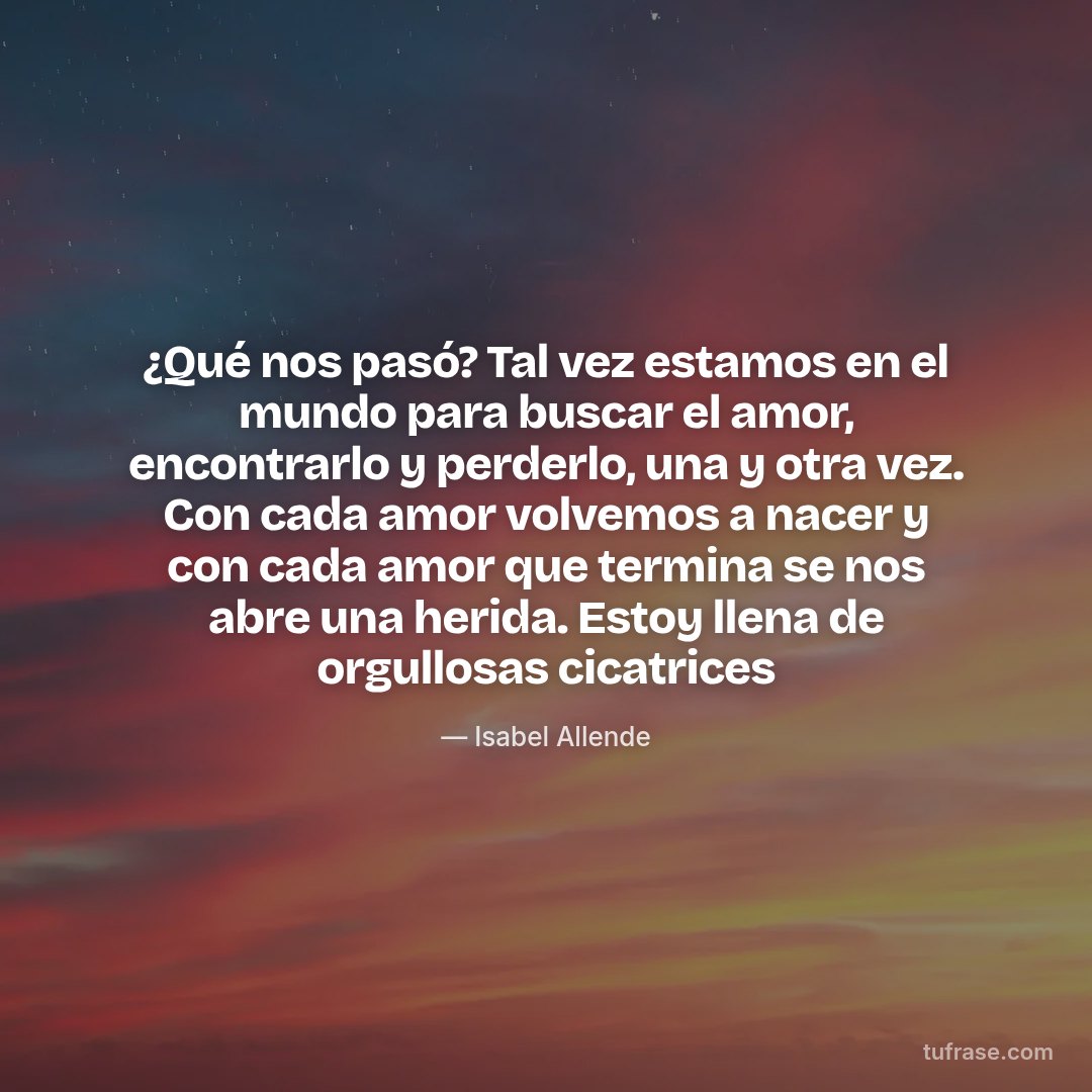 ¿Qué nos pasó? Tal vez estamos en el mundo para buscar el amor, encontrarlo y perderlo, una y otra vez. Con cada amor volvemos a nacer y con cada amor que termina se nos abre una herida. Estoy llena de orgullosas cicatrices