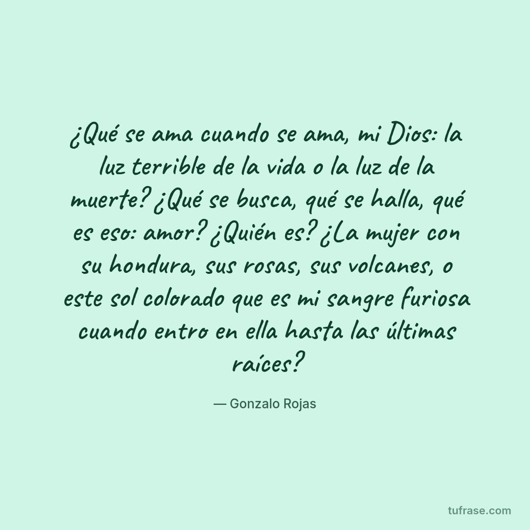 ¿Qué se ama cuando se ama, mi Dios: la luz terrible de la vida o la luz de la muerte? ¿Qué se busca, qué se halla, qué es eso: amor? ¿Quién es? ¿La mujer con su hondura, sus rosas, sus volcanes, o este sol colorado que es mi sangre furiosa cuando entro en ella hasta las últimas raíces?