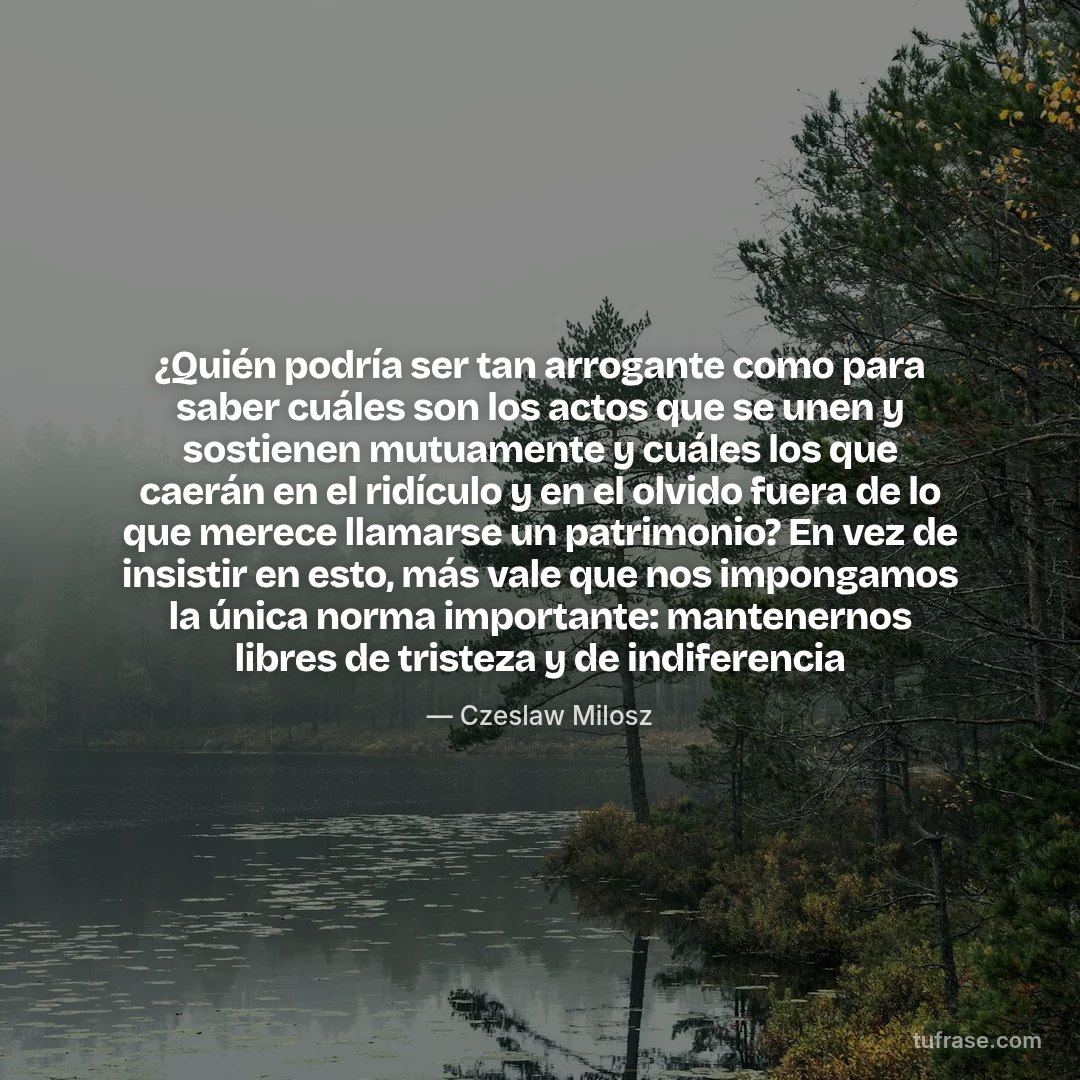 ¿Quién podría ser tan arrogante como para saber cuáles son los actos que se unen y sostienen mutuamente y cuáles los que caerán en el ridículo y en el olvido fuera de lo que merece llamarse un patrimonio? En vez de insistir en esto, más vale que nos impongamos la única norma importante: mantenernos libres de tristeza y de indiferencia