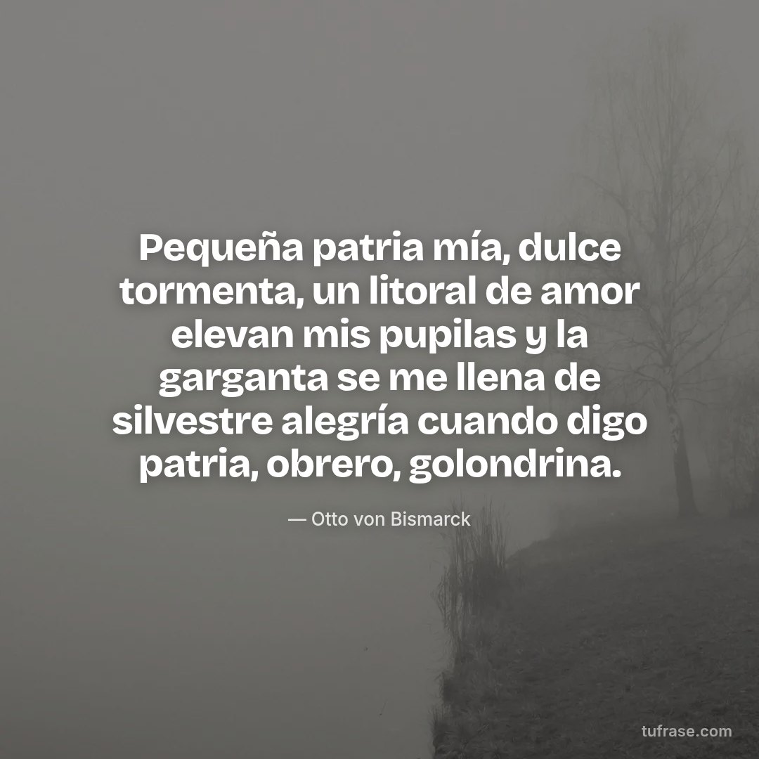Pequeña patria mía, dulce tormenta, un litoral de amor elevan mis pupilas y la garganta se me llena de silvestre alegría cuando digo patria, obrero, golondrina.