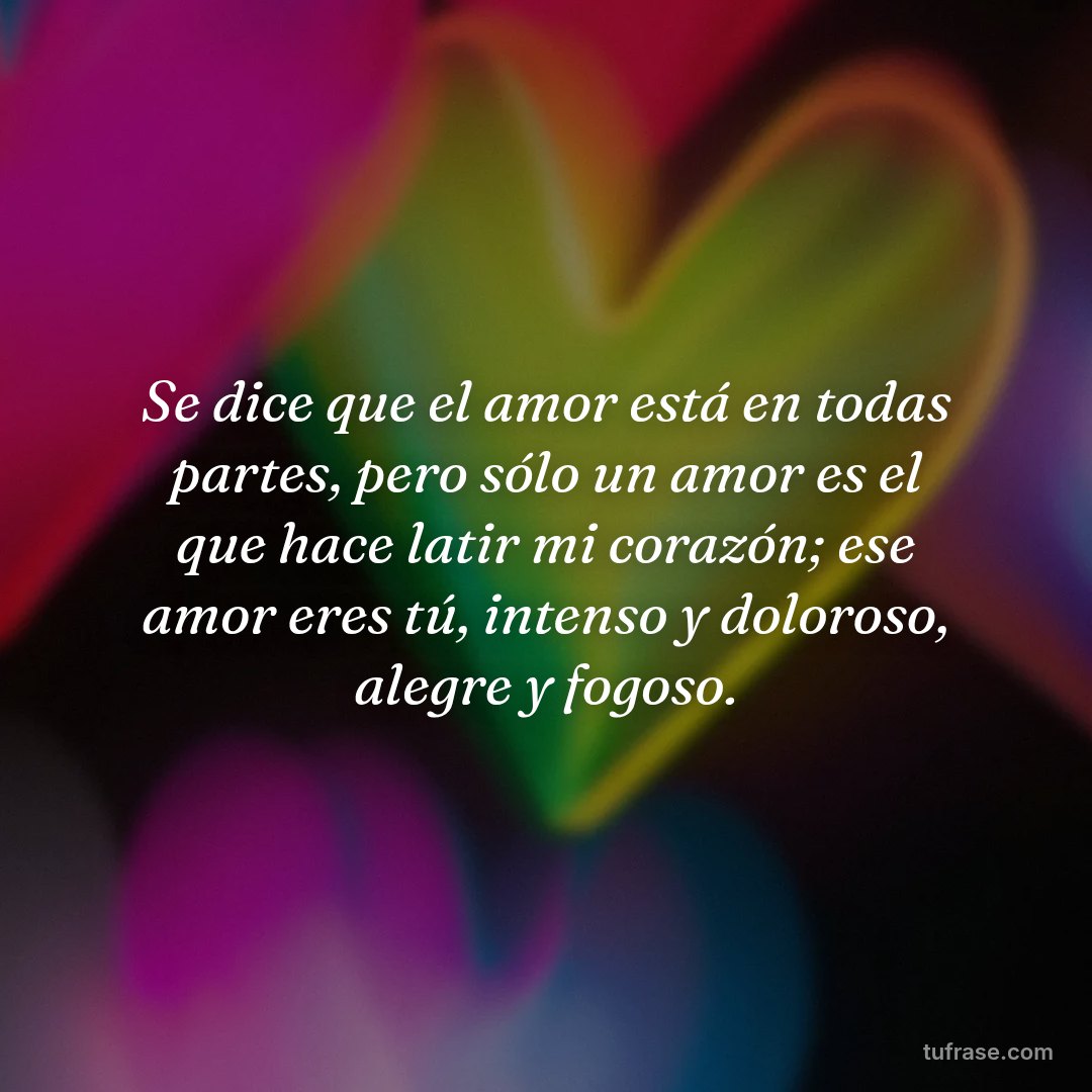 Se dice que el amor está en todas partes, pero sólo un amor es el que hace latir mi corazón; ese amor eres tú, intenso y doloroso, alegre y fogoso.
