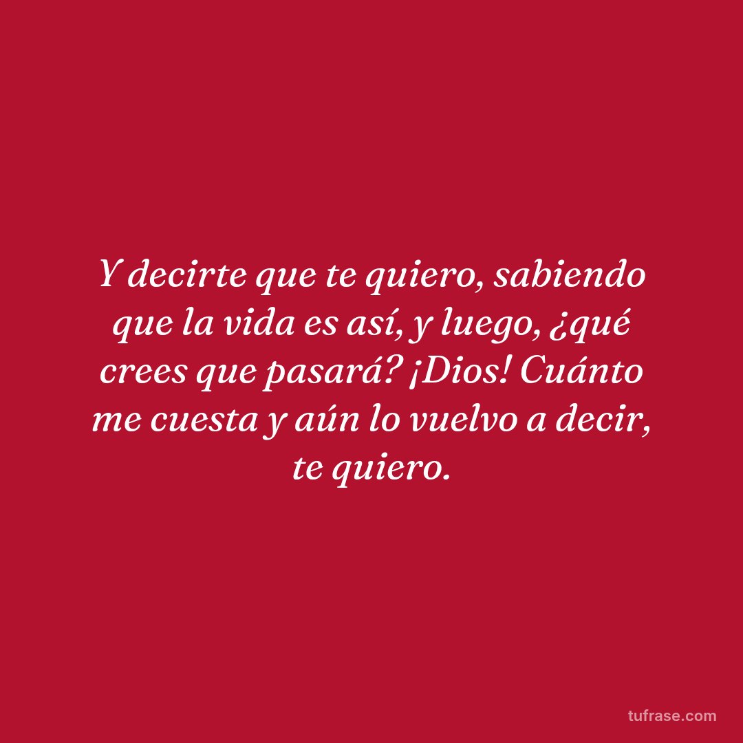 Y decirte que te quiero, sabiendo que la vida es así, y luego, ¿qué crees que pasará? ¡Dios! Cuánto me cuesta y aún lo vuelvo a decir, te quiero.