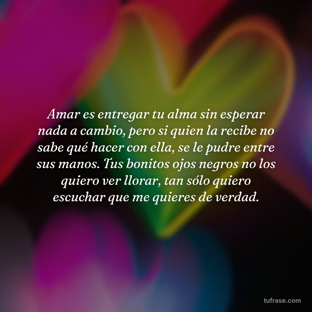 Amar es entregar tu alma sin esperar nada a cambio, pero si quien la recibe no sabe qué hacer con ella, se le pudre entre sus manos. Tus bonitos ojos negros no los quiero ver llorar, tan sólo quiero escuchar que me quieres de verdad.