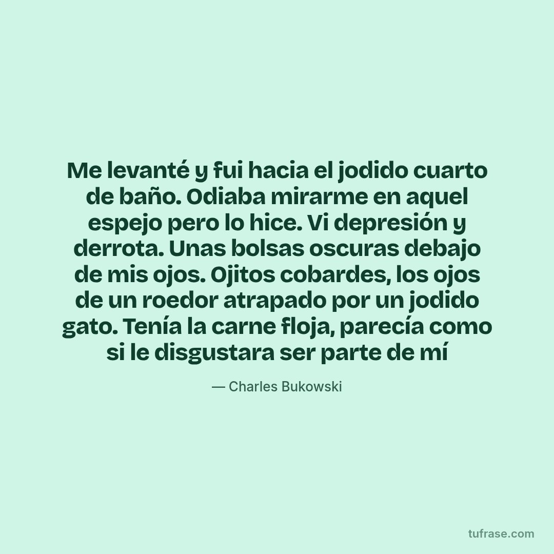 Me levanté y fui hacia el jodido cuarto de baño. Odiaba mirarme en aquel espejo pero lo hice. Vi depresión y derrota. Unas bolsas oscuras debajo de mis ojos. Ojitos cobardes, los ojos de un roedor atrapado por un jodido gato. Tenía la carne floja, parecía como si le disgustara ser parte de mí