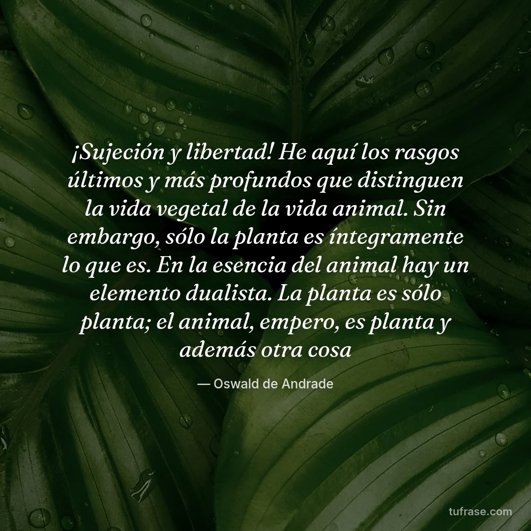 ¡Sujeción y libertad! He aquí los rasgos últimos y más profundos que distinguen la vida vegetal de la vida animal. Sin embargo, sólo la planta es íntegramente lo que es. En la esencia del animal hay un elemento dualista. La planta es sólo planta; el animal, empero, es planta y además otra cosa