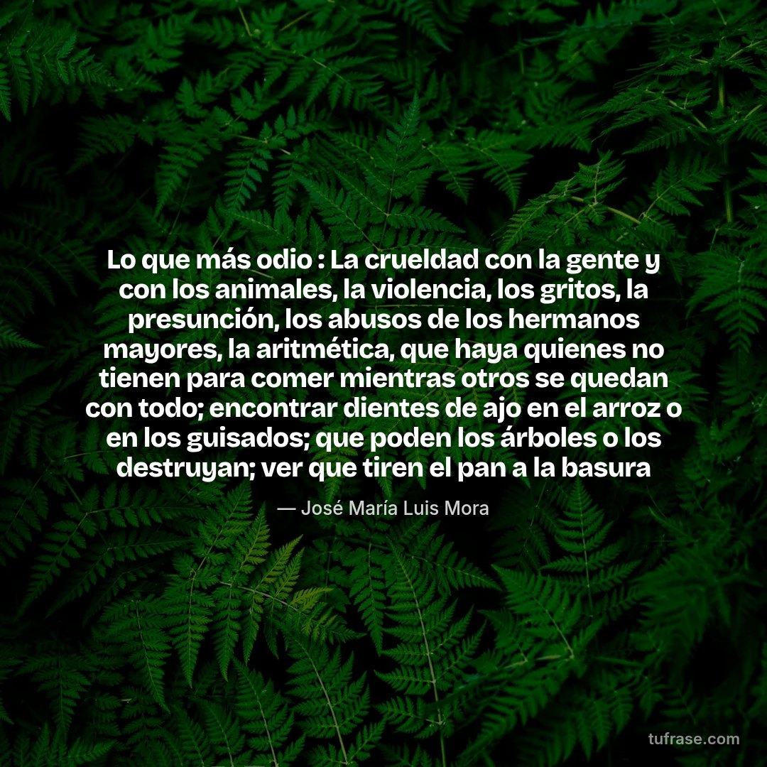 Lo que más odio : La crueldad con la gente y con los animales, la violencia, los gritos, la presunción, los abusos de los hermanos mayores, la aritmética, que haya quienes no tienen para comer mientras otros se quedan con todo; encontrar dientes de ajo en el arroz o en los guisados; que poden los árboles o los destruyan; ver que tiren el pan a la basura
