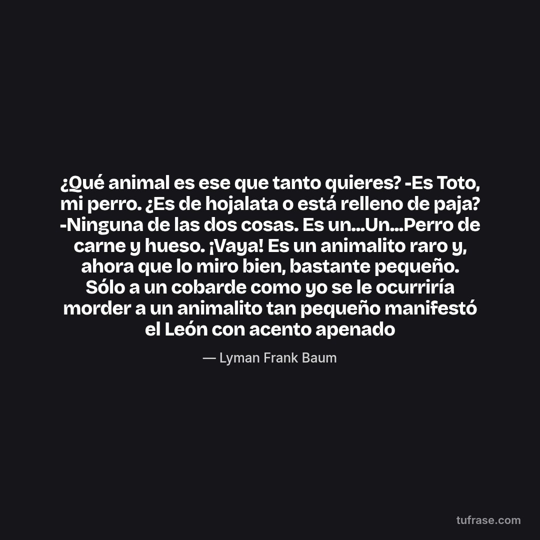 ¿Qué animal es ese que tanto quieres? -Es Toto, mi perro. ¿Es de hojalata o está relleno de paja? -Ninguna de las dos cosas. Es un...Un...Perro de carne y hueso. ¡Vaya! Es un animalito raro y, ahora que lo miro bien, bastante pequeño. Sólo a un cobarde como yo se le ocurriría morder a un animalito tan pequeño manifestó el León con acento apenado