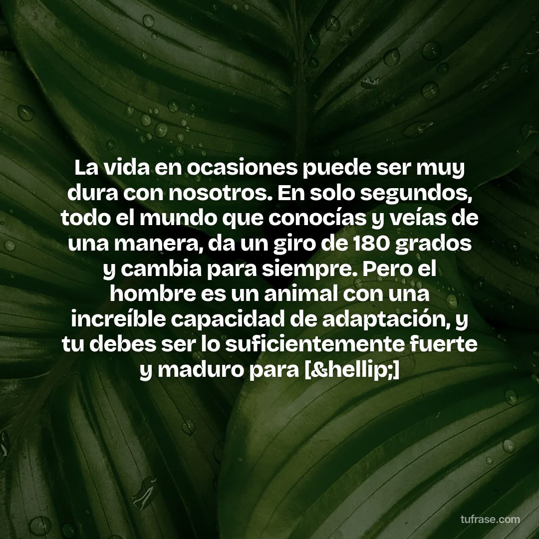La vida en ocasiones puede ser muy dura con nosotros. En solo segundos, todo el mundo que conocías y veías de una manera, da un giro de 180 grados y cambia para siempre. Pero el hombre es un animal con una increíble capacidad de adaptación, y tu debes ser lo suficientemente fuerte y maduro para [&hellip;]