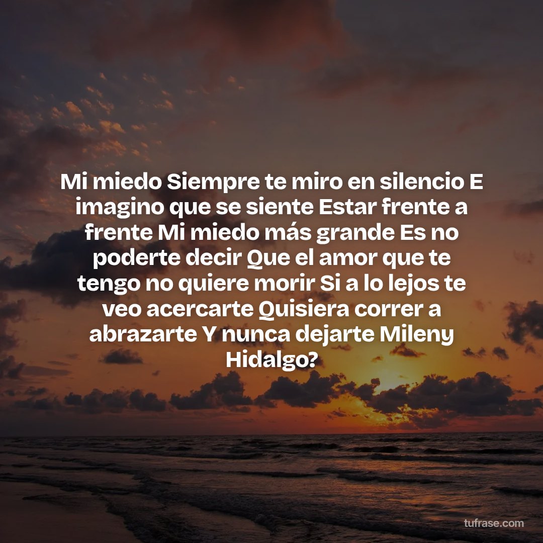 Mi miedo Siempre te miro en silencio E imagino que se siente Estar frente a frente Mi miedo más grande Es no poderte decir Que el amor que te tengo no quiere morir Si a lo lejos te veo acercarte Quisiera correr a abrazarte Y nunca dejarte Mileny Hidalgo?