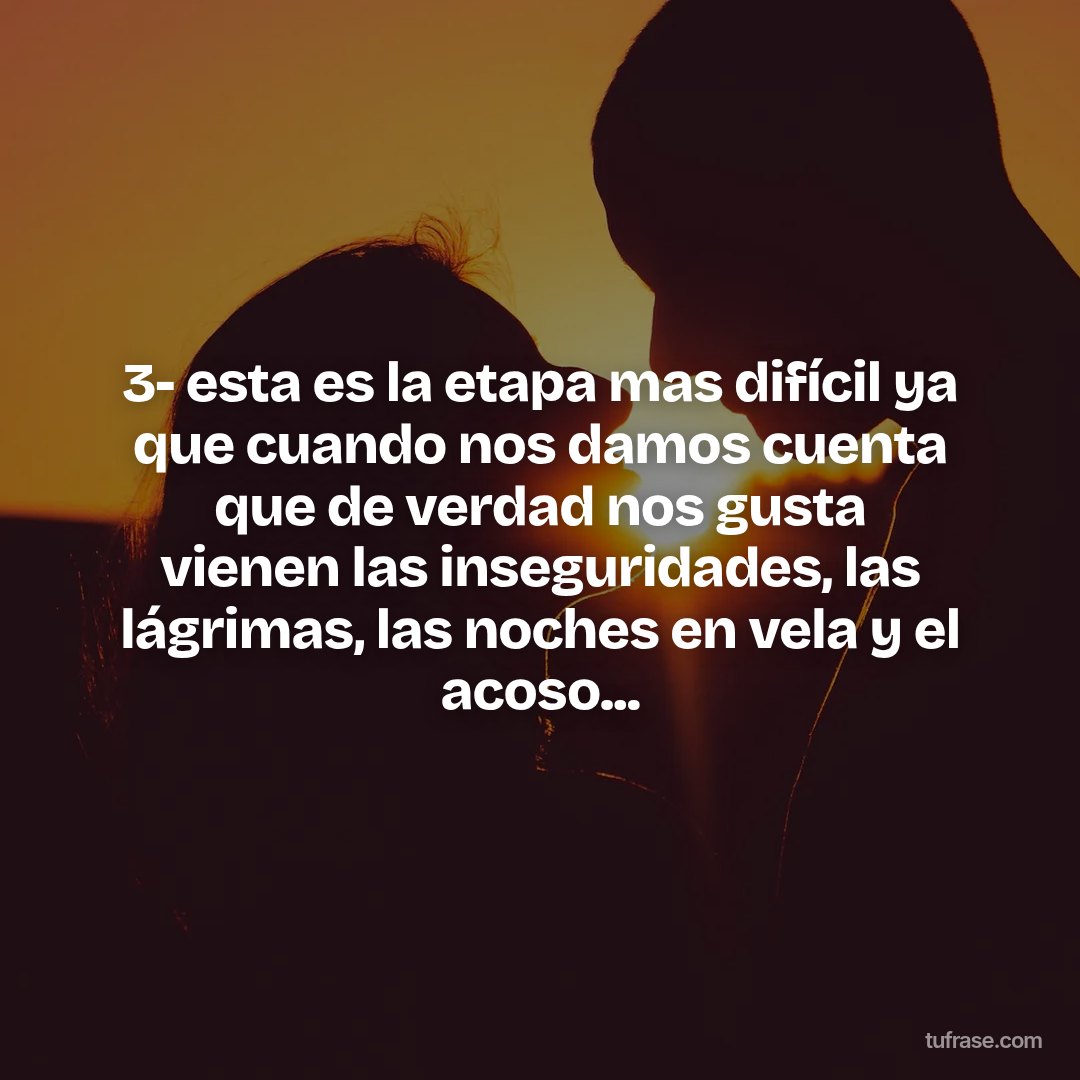 3- esta es la etapa mas difícil ya que cuando nos damos cuenta que de verdad nos gusta vienen las inseguridades, las lágrimas, las noches en vela y el acoso...