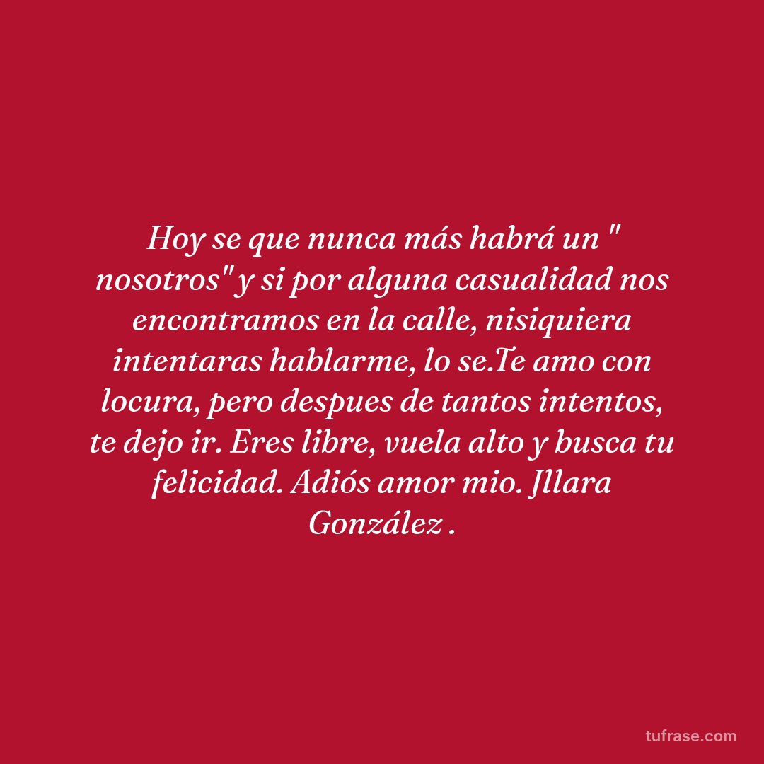 Hoy se que nunca más habrá un " nosotros" y si por alguna casualidad nos encontramos en la calle, nisiquiera intentaras hablarme, lo se.Te amo con locura, pero despues de tantos intentos, te dejo ir. Eres libre, vuela alto y busca tu felicidad. Adiós amor mio. Jllara González .