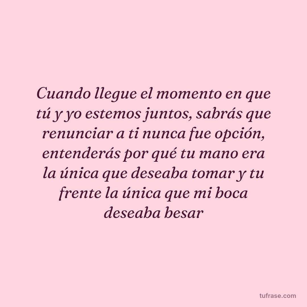 Cuando llegue el momento en que tú y yo estemos juntos, sabrás que renunciar a ti nunca fue opción, entenderás por qué tu mano era la única que deseaba tomar y tu frente la única que mi boca deseaba besar