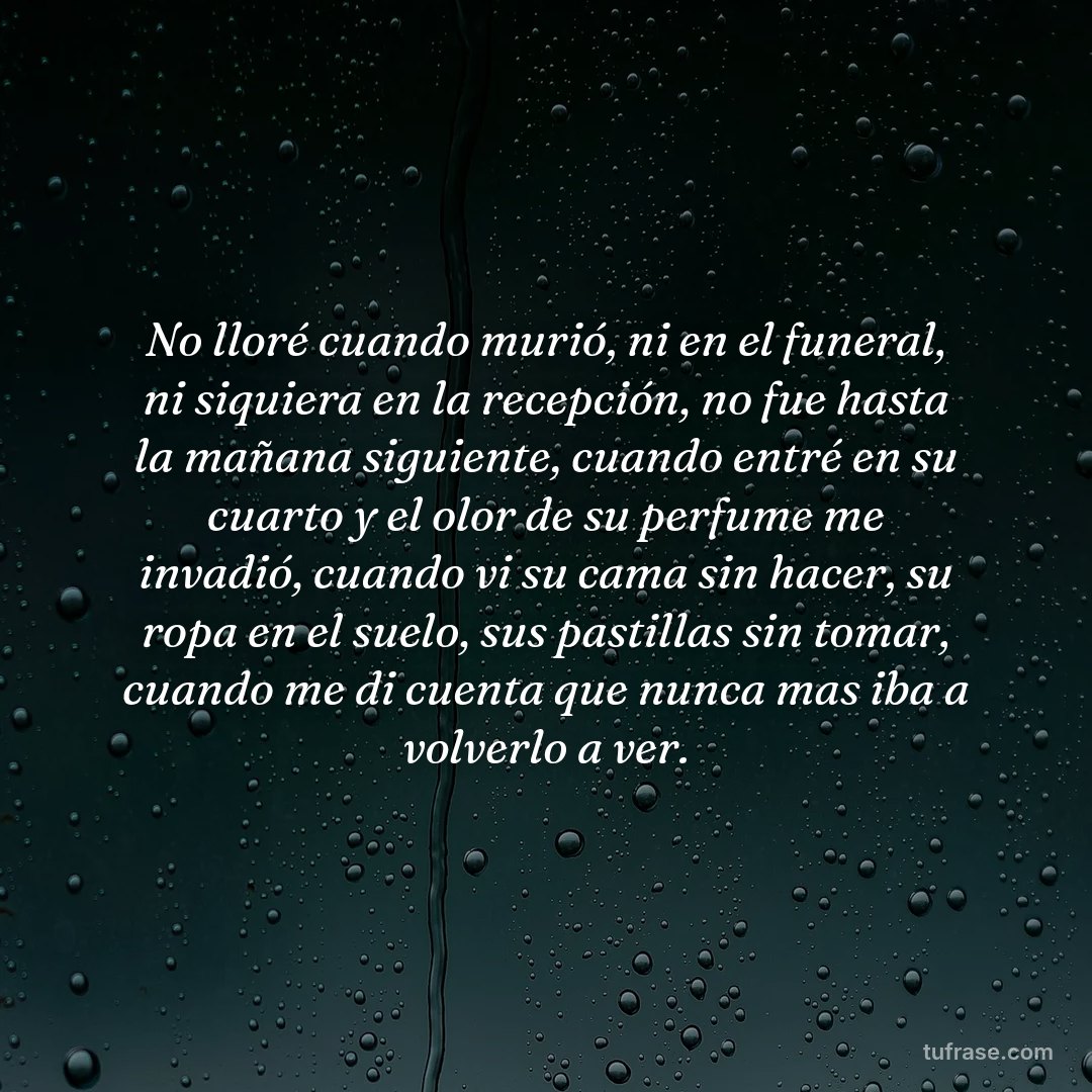 No lloré cuando murió, ni en el funeral, ni siquiera en la recepción, no fue hasta la mañana siguiente, cuando entré en su cuarto y el olor de su perfume me invadió, cuando vi su cama sin hacer, su ropa en el suelo, sus pastillas sin tomar, cuando me di cuenta que nunca mas iba a volverlo a ver.
