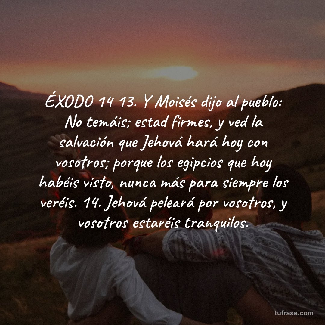 ÉXODO 14 13. Y Moisés dijo al pueblo: No temáis; estad firmes, y ved la salvación que Jehová hará hoy con vosotros; porque los egipcios que hoy habéis visto, nunca más para siempre los veréis. 14. Jehová peleará por vosotros, y vosotros estaréis tranquilos.