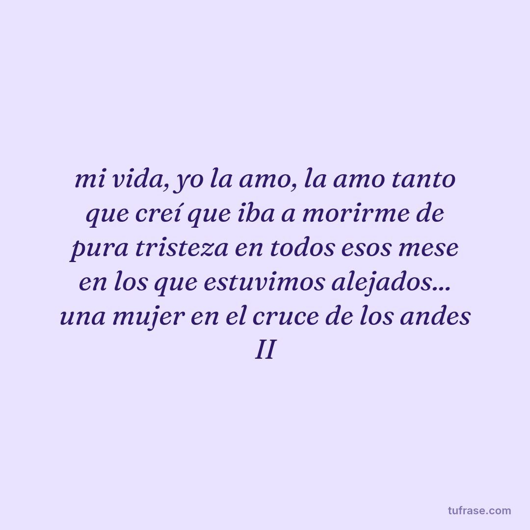mi vida, yo la amo, la amo tanto que creí que iba a morirme de pura tristeza en todos esos mese en los que estuvimos alejados... una mujer en el cruce de los andes II