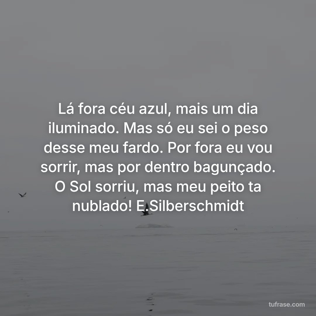 Lá fora céu azul, mais um dia iluminado. Mas só eu sei o peso desse meu fardo. Por fora eu vou sorrir, mas por dentro bagunçado. O Sol sorriu, mas meu peito ta nublado! E.Silberschmidt