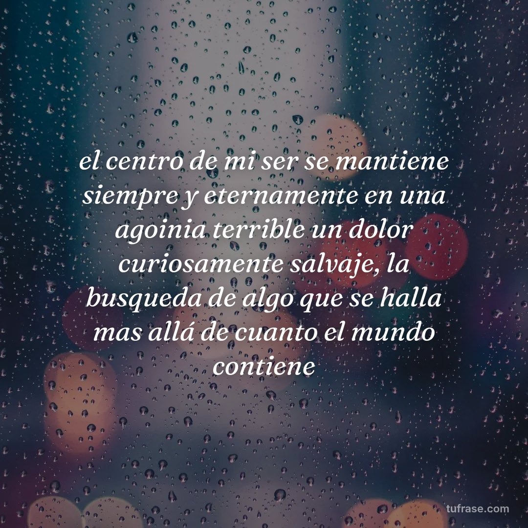 el centro de mi ser se mantiene siempre y eternamente en una agoinia terrible un dolor curiosamente salvaje, la busqueda de algo que se halla mas allá de cuanto el mundo contiene