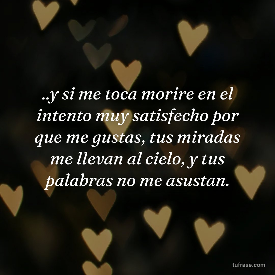 ..y si me toca morire en el intento muy satisfecho por que me gustas, tus miradas me llevan al cielo, y tus palabras no me asustan.