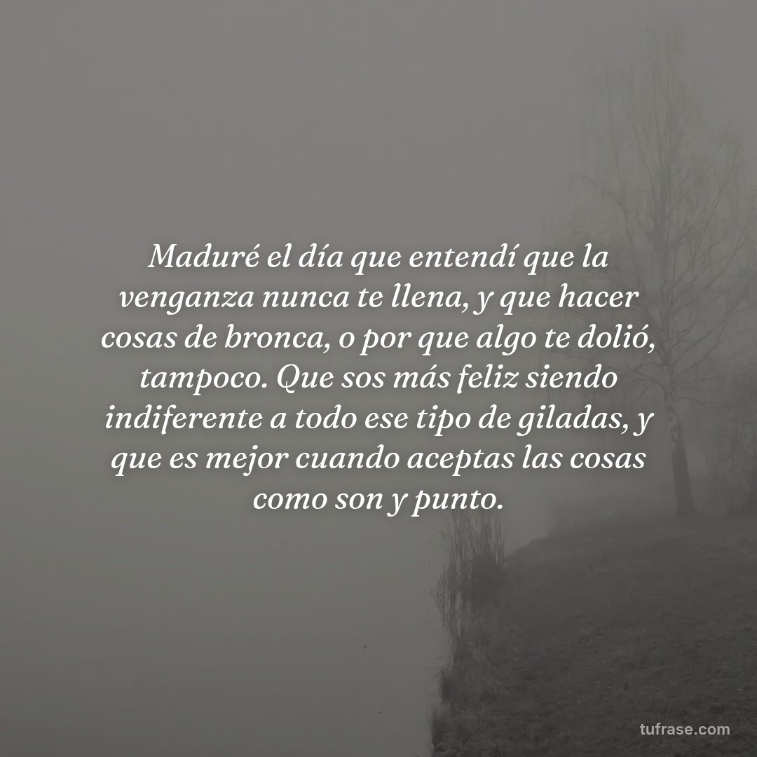 Maduré el día que entendí que la venganza nunca te llena, y que hacer cosas de bronca, o por que algo te dolió, tampoco. Que sos más feliz siendo indiferente a todo ese tipo de giladas, y que es mejor cuando aceptas las cosas como son y punto.