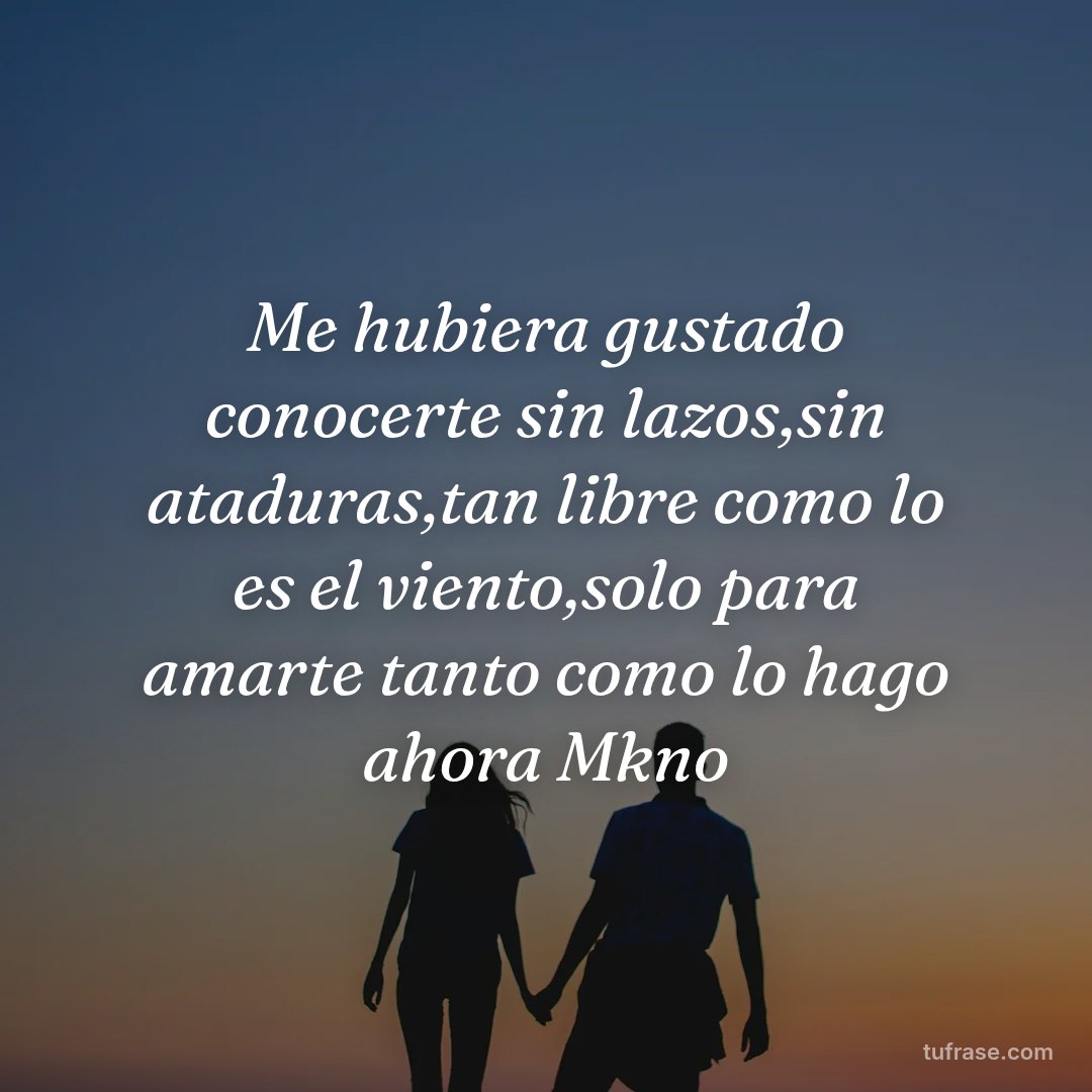 Me hubiera gustado conocerte sin lazos,sin ataduras,tan libre como lo es el viento,solo para amarte tanto como lo hago ahora Mkno