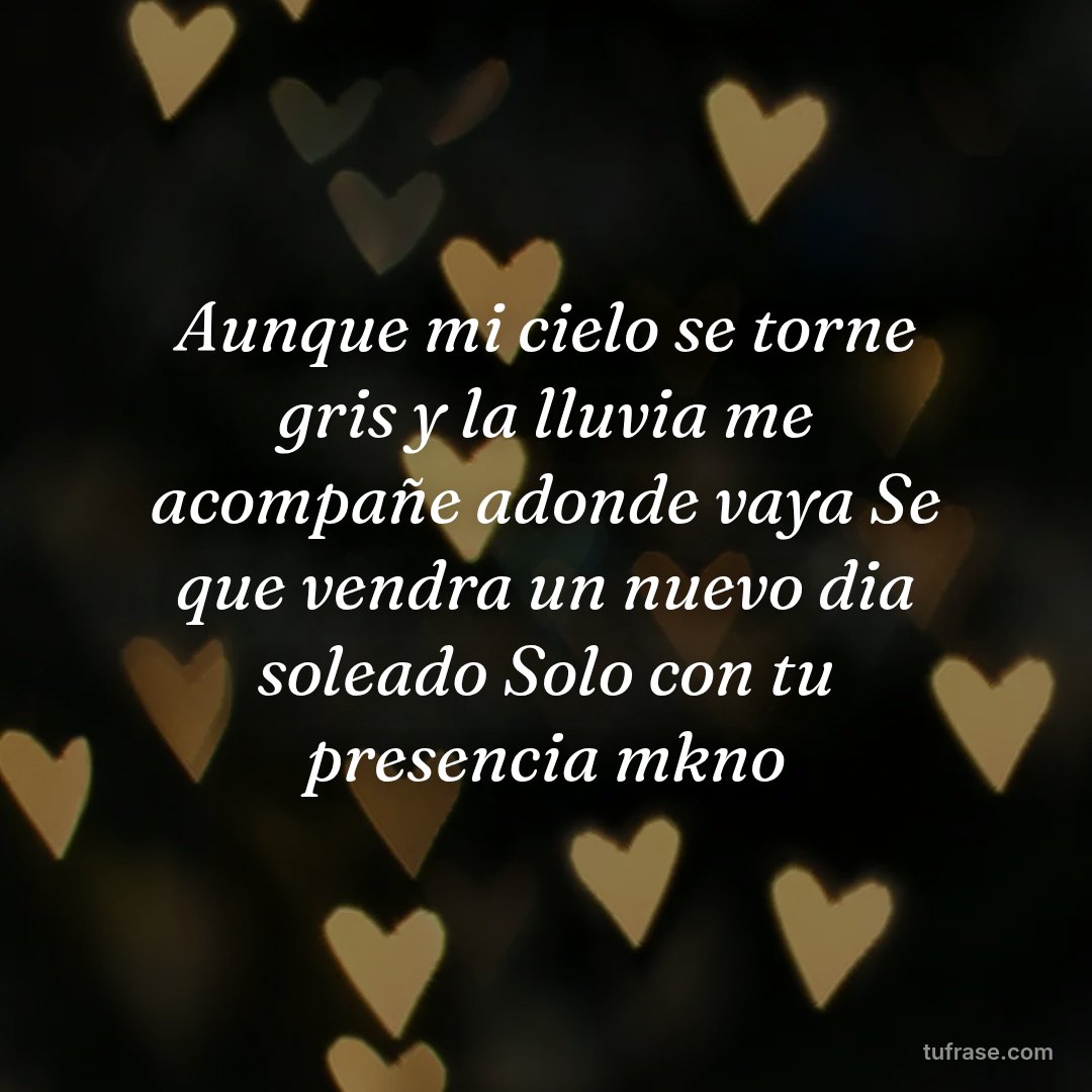 Aunque mi cielo se torne gris y la lluvia me acompañe adonde vaya Se que vendra un nuevo dia soleado Solo con tu presencia mkno