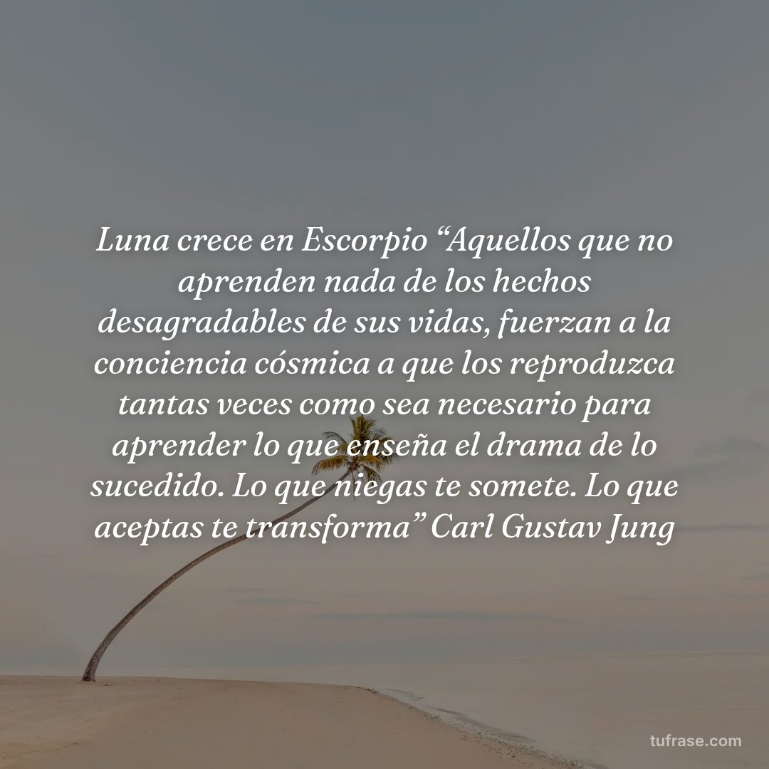 Luna crece en Escorpio “Aquellos que no aprenden nada de los hechos desagradables de sus vidas, fuerzan a la conciencia cósmica a que los reproduzca tantas veces como sea necesario para aprender lo que enseña el drama de lo sucedido. Lo que niegas te somete. Lo que aceptas te transforma” Carl Gustav Jung