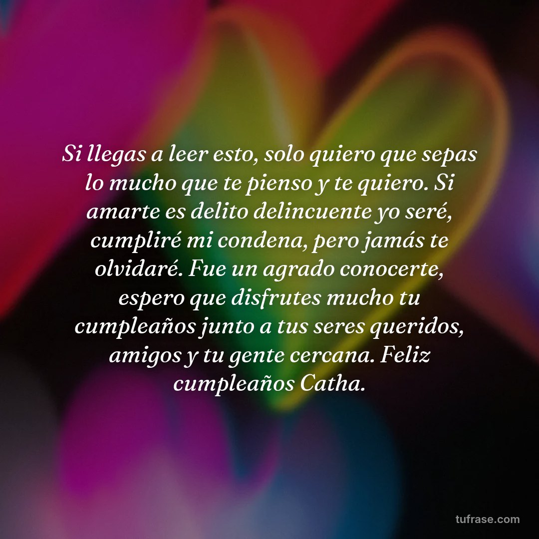 Si llegas a leer esto, solo quiero que sepas lo mucho que te pienso y te quiero. Si amarte es delito delincuente yo seré, cumpliré mi condena, pero jamás te olvidaré. Fue un agrado conocerte, espero que disfrutes mucho tu cumpleaños junto a tus seres queridos, amigos y tu gente cercana. Feliz cumpleaños Catha.