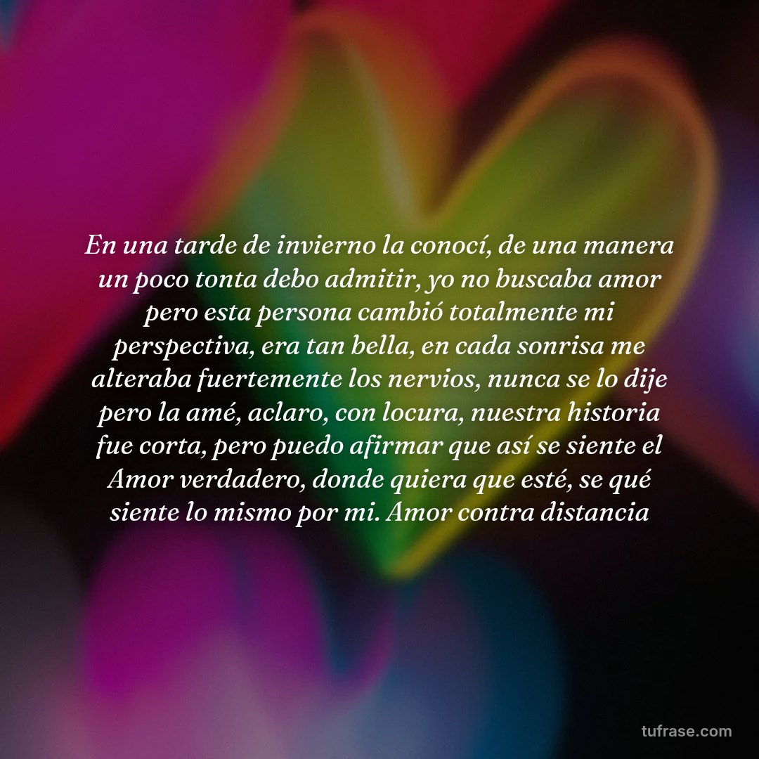 En una tarde de invierno la conocí, de una manera un poco tonta debo admitir, yo no buscaba amor pero esta persona cambió totalmente mi perspectiva, era tan bella, en cada sonrisa me alteraba fuertemente los nervios, nunca se lo dije pero la amé, aclaro, con locura, nuestra historia fue corta, pero puedo afirmar que así se siente el Amor verdadero, donde quiera que esté, se qué siente lo mismo por mi. Amor contra distancia