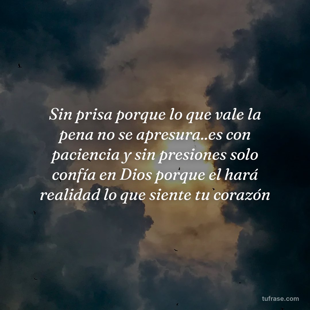 Sin prisa porque lo que vale la pena no se apresura..es con paciencia y sin presiones solo confía en Dios porque el hará realidad lo que siente tu corazón