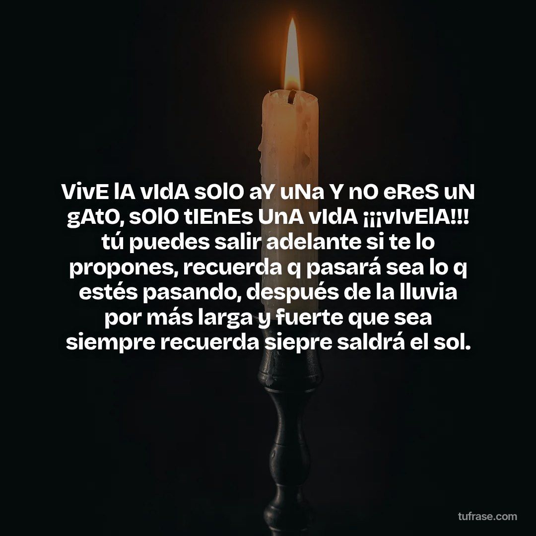 VivE lA vIdA sOlO aY uNa Y nO eReS uN gAtO, sOlO tIEnEs UnA vIdA ¡¡¡vIvElA!!! tú puedes salir adelante si te lo propones, recuerda q pasará sea lo q estés pasando, después de la lluvia por más larga y fuerte que sea siempre recuerda siepre saldrá el sol.