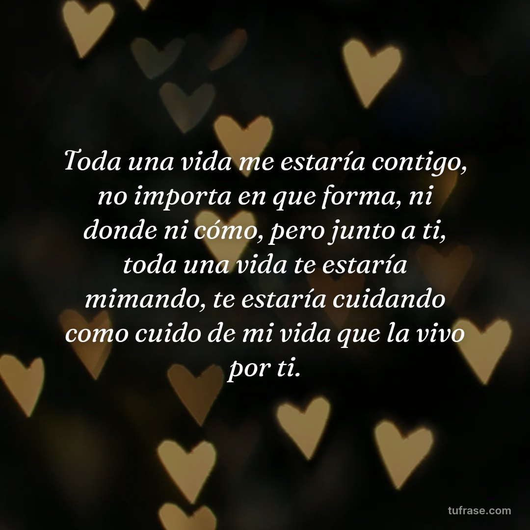 Toda una vida me estaría contigo, no importa en que forma, ni donde ni cómo, pero junto a ti, toda una vida te estaría mimando, te estaría cuidando como cuido de mi vida que la vivo por ti.