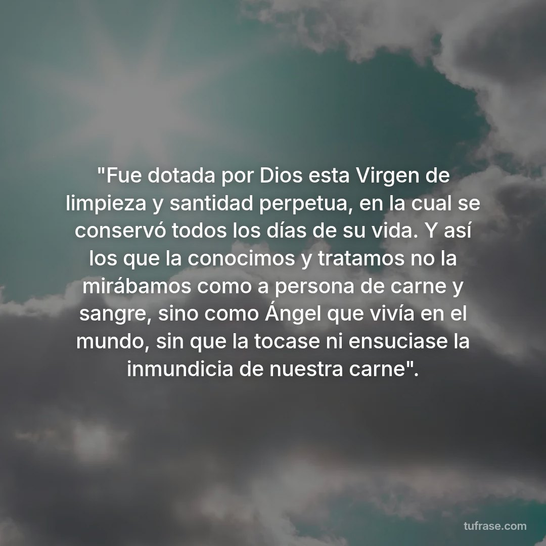 "Fue dotada por Dios esta Virgen de limpieza y santidad perpetua, en la cual se conservó todos los días de su vida. Y así los que la conocimos y tratamos no la mirábamos como a persona de carne y sangre, sino como Ángel que vivía en el mundo, sin que la tocase ni ensuciase la inmundicia de nuestra carne".