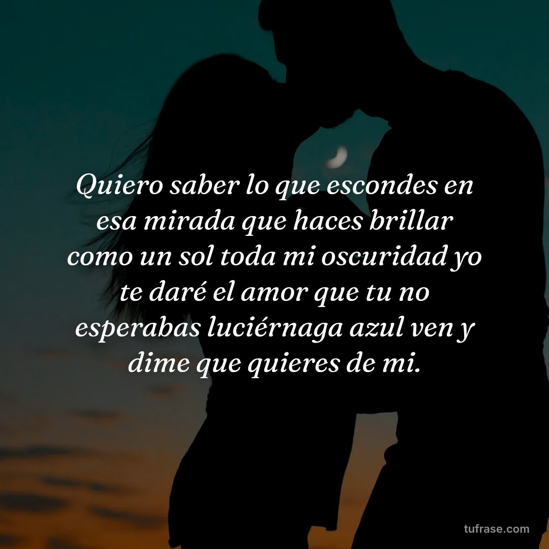Quiero saber lo que escondes en esa mirada que haces brillar como un sol toda mi oscuridad yo te daré el amor que tu no esperabas luciérnaga azul ven y dime que quieres de mi.